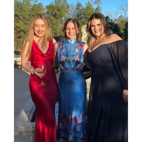 Saloni Blue Fleur Silk Tie-Back Mock Neck Gown - Picture 2 of 8